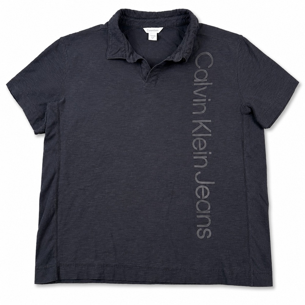 Calvin Klein Jeans Polo Shirt Mens XL Black Slub Knit Cotton Short Sleeve Logo
